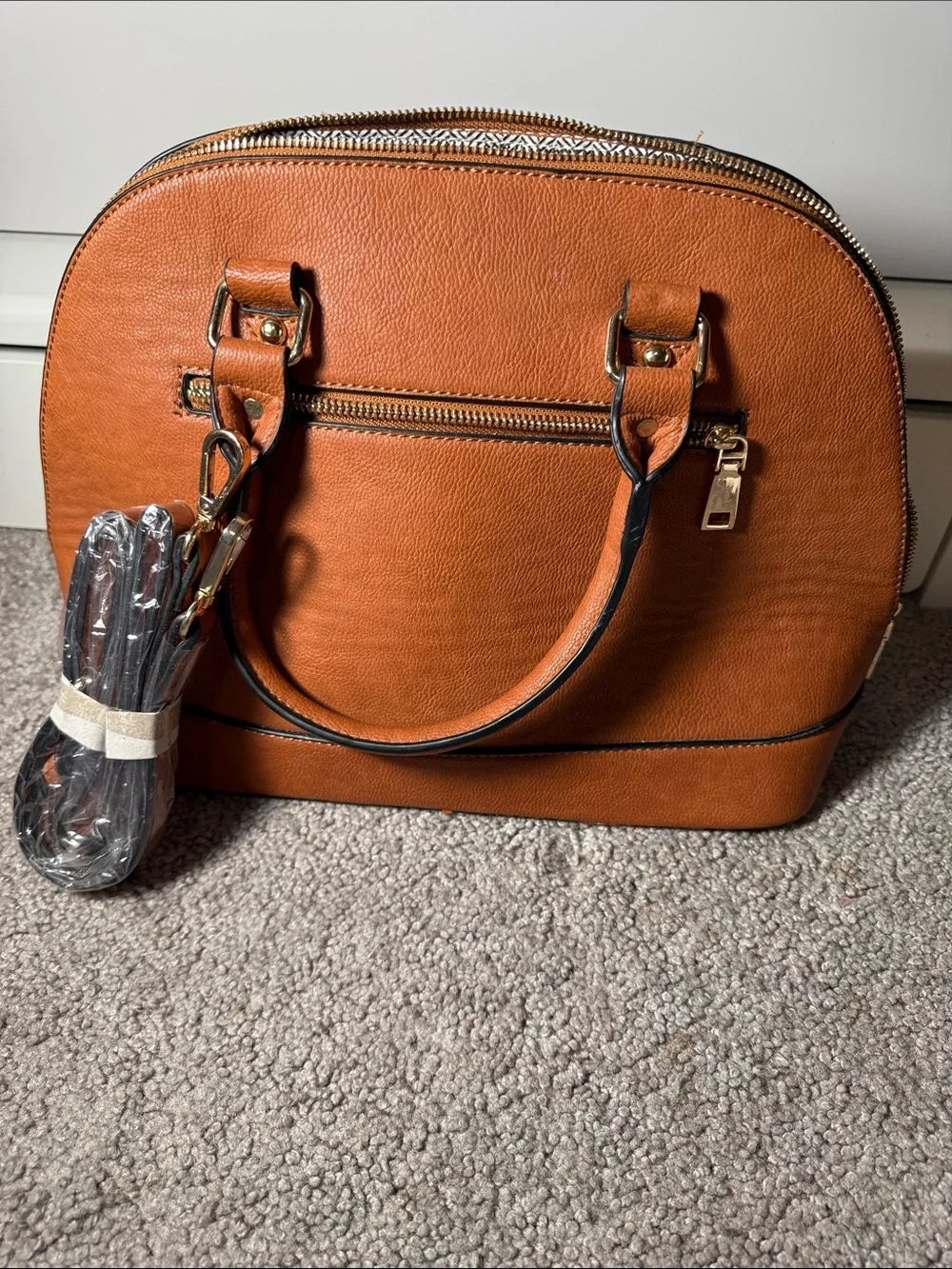 Women's Patchwork Dome Satchel Handbag - Brown & Gold